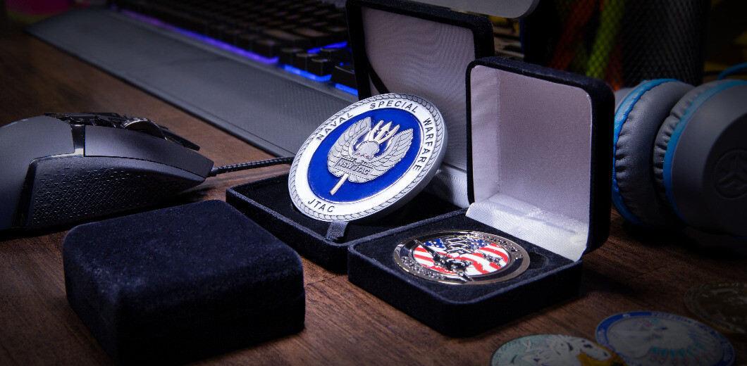 Black velvet case for challenge coin presentation with recessed circle cutout interior