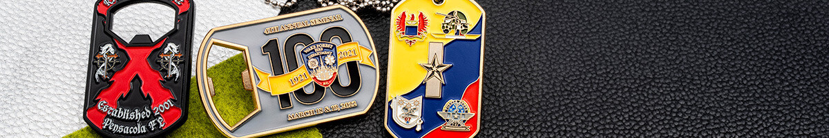 Three custom dog tag challenge coins for a krewe, a fire department centennial, and a military unit