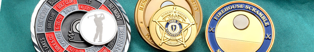 Three custom golf ball marker coins for an amateur tour, a sheriff's office, and a firehouse scramble