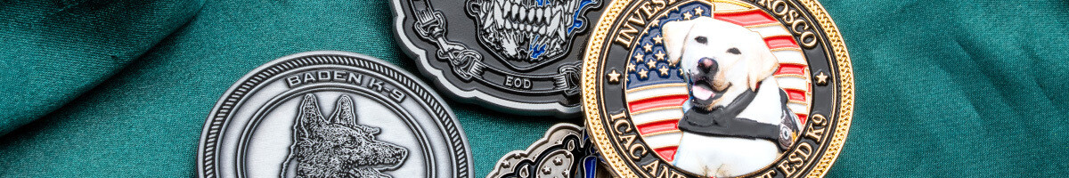 Baden K9 German shepherd coin, an EOD skull coin, and a gold ICAC electronic storage detection K9 coin with a Labrador portrait