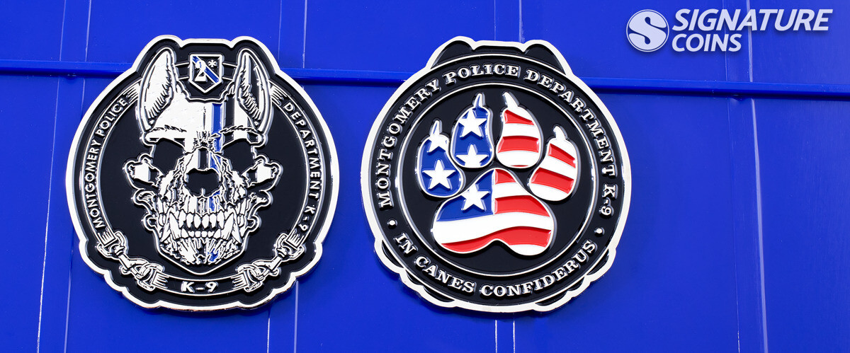 A collection of custom police K9 challenge coins