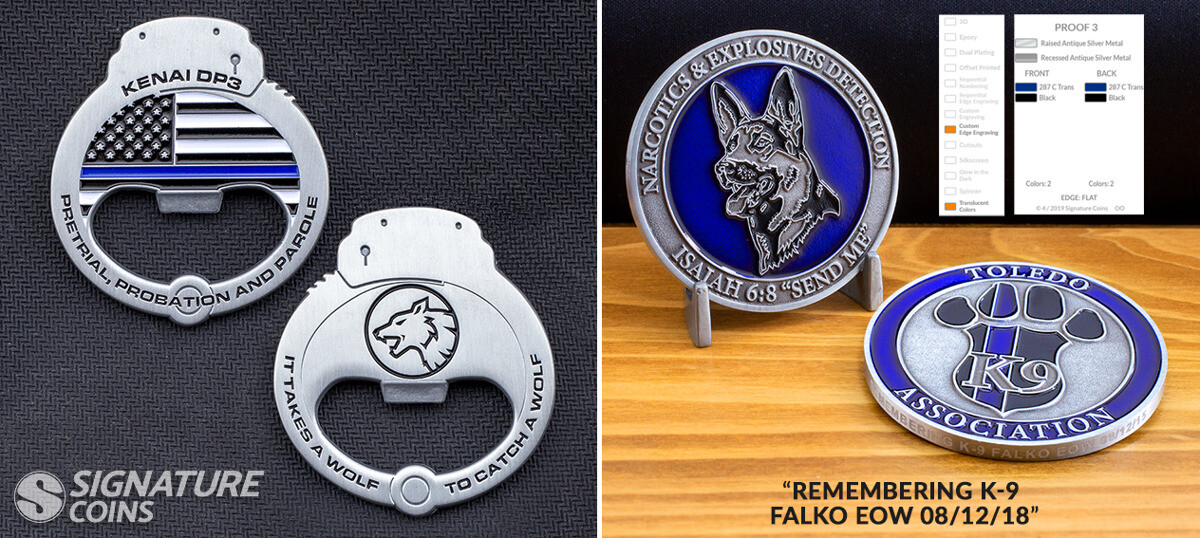 Police K9 challenge coin with a cut-out shape and translucent enamel