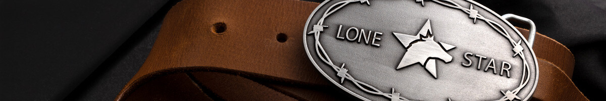 Lone Star antique silver oval belt buckle with a barbed wire border on a brown leather belt