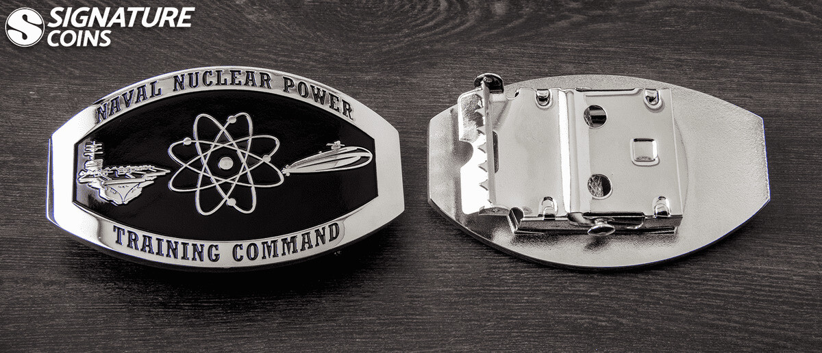 Naval Nuclear Power Training Command belt buckle in high polish silver, front and box frame back
