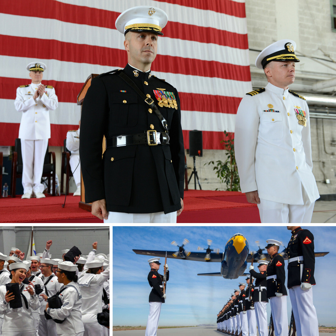 Navy and Marine Corps servicemembers in dress uniforms with regulation belt buckles at a ceremony