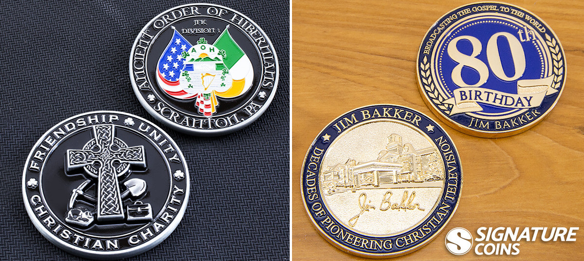 A silver Ancient Order of Hibernians coin with a Celtic cross and the words Friendship Unity Christian Charity, beside gold coins marking eighty years of gospel broadcasting