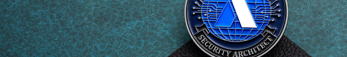 Blue enamel Security Architect coin with a globe and circuit artwork
