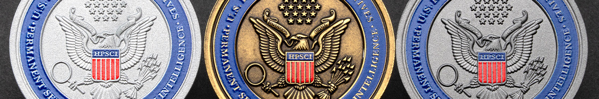 One HPSCI congressional intelligence committee coin design struck in three platings: antique silver, antique gold, and polished silver