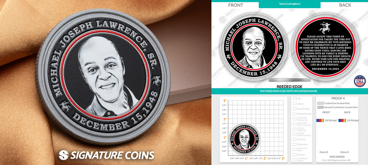 A Michael Joseph Lawrence Sr. memorial coin with a printed portrait, shown beside its front-and-back proof sheet and size chart