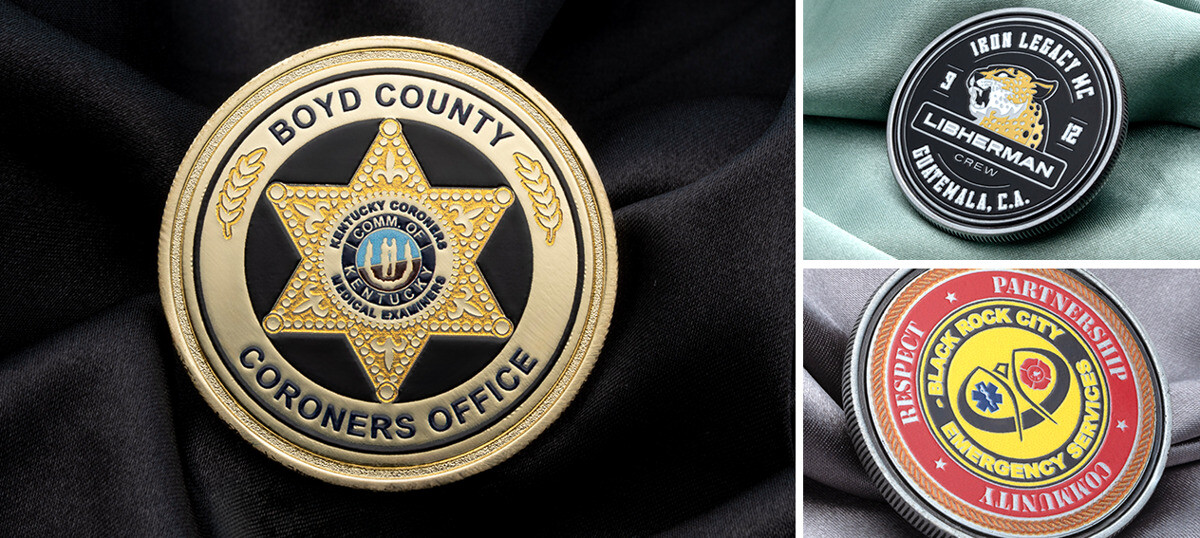 Three simulated enamel coins: a Boyd County Coroners Office star badge coin, a black Iron Legacy NC Lisherman crew coin, and a red Black Rock City Emergency Services coin