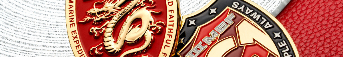 Gold and red III MEF dragon and G1 shield Marine Corps challenge coins