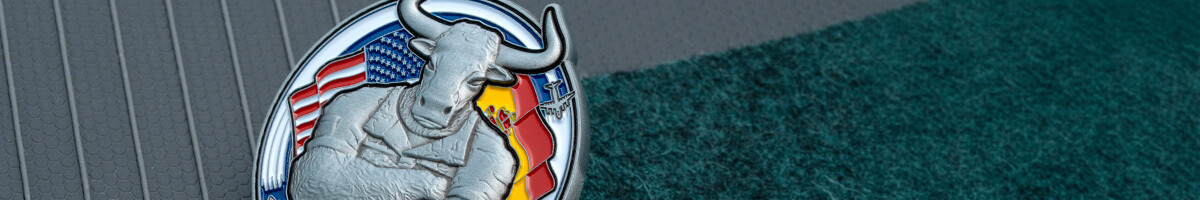 3D bull with American and Spanish flags on a Naval Station Rota challenge coin